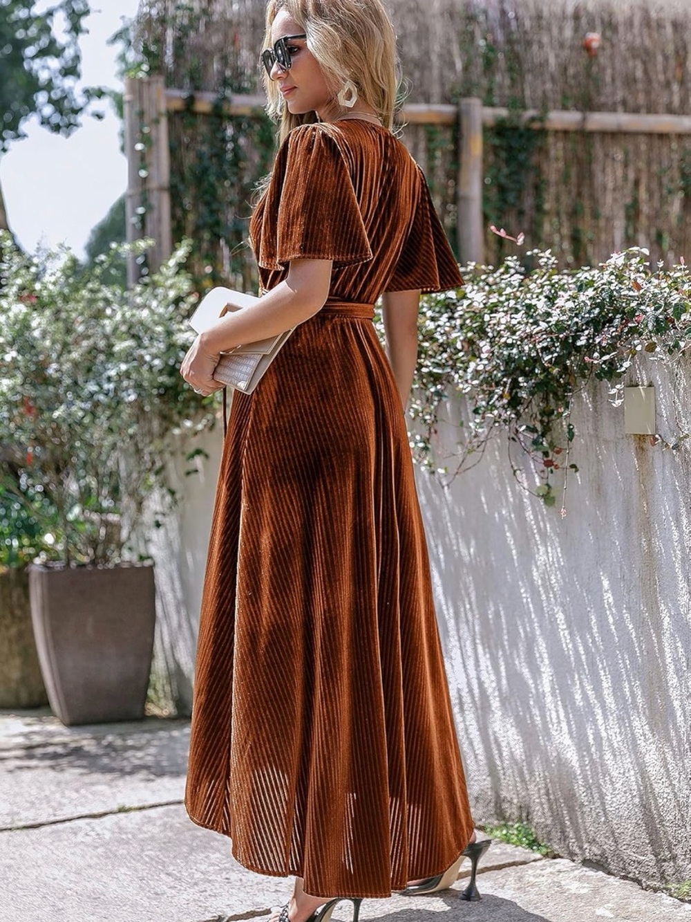 Women’s Simplee Rust Brown Velvet Wrap Dress - Picture 2 of 3
